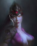  1girl absurdres breasts breasts_apart highres lips lipstick long_hair makeup medium_breasts nose overwatch pu_zhou purple_lips purple_lipstick purple_skin solo widowmaker_(overwatch) yellow_eyes 