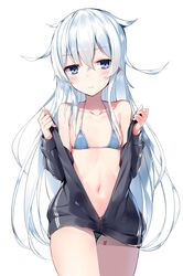  1girl bare_shoulders bikini bikini_under_clothes blue_background blue_eyes blush breasts child collarbone cowboy_shot eyebrows_visible_through_hair flat_chest hibiki_(kantai_collection) highres jacket kadokawa_shoten kantai_collection long_hair messy_hair micro_bikini navel open_clothes open_jacket orihi_chihiro silver_hair simple_background small_breasts swimsuit underwear very_long_hair white_background 