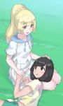  2girls bangs bare_legs black_eyes black_hair blonde_hair braid evuoaniramu floral_print french_braid green_shorts hand_on_another&#039;s_head high_ponytail hood lap_pillow lillie_(pokemon) long_hair lying miniskirt mizuki_(pokemon_sm) multiple_girls on_side petting pleated_skirt pokemon pokemon_(game) pokemon_sm seiza shirt shoes short_hair short_shorts short_sleeves shorts sitting skirt smile socks swept_bangs t-shirt tied_shirt white_shirt white_shoes white_skirt yuri 