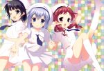  3girls :d ;d absurdres black_hair blue_eyes blue_hair blue_necktie blush brown_eyes chestnut_mouth eyebrows_visible_through_hair feet gochuumon_wa_usagi_desu_ka? hair_ornament hat highres jouga_maya kafuu_chino kneehighs long_hair looking_at_viewer low_twintails medium_hair multiple_girls natsu_megumi necktie no_shoes one_eye_closed open_mouth panties puffy_short_sleeves puffy_sleeves red_eyes redhead sailor_hat santa_matsuri scan school_uniform short_hair short_sleeves smile socks twintails underwear white_hat white_legwear white_panties x_hair_ornament 