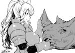  1girl animal animal_ears armor drill_locks greyscale happa_(cloverppd) horn kemono_friends knight monochrome namesake plate_armor ponytail rhinoceros rhinoceros_ears white_background white_rhinoceros_(kemono_friends) 