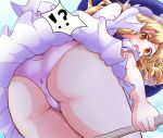  !? 1girl ass blonde_hair blush broom broom_riding d: from_below highres kirisame_marisa nioti open_mouth panties pink_panties solo thick_thighs thighs touhou underwear upskirt yellow_eyes 