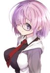  1girl black-framed_eyewear breasts closed_mouth fate/grand_order fate_(series) from_side hood hoodie large_breasts looking_at_viewer necktie open_clothes open_hoodie purple_hair red_necktie shibamine_takashi shielder_(fate/grand_order) short_hair simple_background smile solo upper_body violet_eyes white_background 