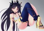  1girl :d armlet asymmetrical_legwear black_hair black_panties black_ribbon blurry breasts cleavage depth_of_field earrings fate/grand_order fate_(series) gradient gradient_background grey_background hair_ornament hair_ribbon ishtar_(fate/grand_order) jewelry kesoshirou long_hair looking_at_viewer open_mouth panties pink_eyes ribbon small_breasts smile solo strapless thigh-highs tohsaka_rin toosaka_rin two_side_up underwear very_long_hair 