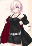  /\/\/\ bare_shoulders belt belt_buckle black-framed_eyewear black_jacket black_shorts blonde_hair blush breasts buckle chibi cleavage closed_mouth collarbone commentary_request cosplay cowboy_shot eyebrows_visible_through_hair fate/grand_order fate_(series) glasses hair_over_one_eye indoors jacket jitome long_sleeves looking_afar looking_away medium_breasts open_clothes open_jacket orange_eyes peeking_out pink_hair saber saber_alter saber_alter_(cosplay) shielder_(fate/grand_order) short_hair shorts smile solo_focus standing tank_top tareme tasora twitter_username undressing violet_eyes 