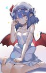  1girl bare_legs barefoot bat_wings blue_hair breasts closed_mouth collarbone commentary_request dress falken_(yutozin) hat hat_ribbon highres medium_hair mob_cap one_eye_closed pajamas pillow pointy_ears red_eyes red_ribbon remilia_scarlet ribbon rubbing_eyes simple_background sitting small_breasts touhou vampire wariza wavy_mouth white_background white_dress wings 