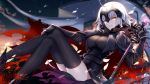  1girl ahoge armor armored_dress bison_cangshu black_gloves black_legwear blonde_hair breasts capelet commentary_request elbow_gloves fate/grand_order fate_(series) flower full_body gauntlets gloves headpiece highres jeanne_alter large_breasts legs_crossed looking_at_viewer md5_mismatch parted_lips ribbon ruler_(fate/apocrypha) solo spider_lily striped striped_ribbon thigh-highs thighs yellow_eyes 
