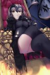  1girl absurdres armor armored_dress banner black_legwear breasts breasts_apart brown_eyes chin_rest fate/grand_order fate_(series) from_below gauntlets grey_hair highres jeanne_alter legs_crossed looking_at_viewer medium_breasts monobe_tsukuri parted_lips perspective ruler_(fate/apocrypha) short_hair sitting solo thigh-highs 