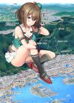  1girl aircraft airplane beret black_gloves black_legwear blue_eyes blue_hat blush breasts bridge brown_hair city cleavage collarbone fingerless_gloves giantess gloves hand_on_own_chest hand_on_own_knee hat headgear highres ichikawa_feesu kantai_collection large_breasts looking_at_viewer maya_(kantai_collection) metal_belt mountain open_mouth panties pantyshot pantyshot_(sitting) partially_translated pleated_skirt river road short_hair sitting skirt sky socks solo striped striped_legwear striped_panties translation_request underwear white_skirt 
