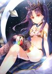  1girl armlet asymmetrical_clothes bare_shoulders black_hair breasts cleavage crown earrings elbow_gloves fate/grand_order fate_(series) gloves hair_ribbon heavenly_boat_maanna highres hoop_earrings ishtar_(fate/grand_order) jewelry legs_crossed long_hair looking_at_viewer medium_breasts navel revision ribbon single_elbow_glove single_thighhigh solo thigh-highs tohsaka_rin toosaka_rin yan_(nicknikg) 