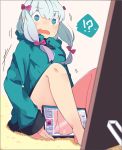  !? 1girl @_@ bangs blue_eyes blunt_bangs blush bow carpet censored commentary_request drawing_tablet eromanga_sensei grey_hair hair_bow highres hood hoodie izumi_sagiri long_hair long_sleeves looking_at_viewer mirror open_mouth panties pantyshot pantyshot_(sitting) pekeko_(pepekekeko) pink_panties pointless_censoring polka_dot polka_dot_panties sidelocks sitting sleeves_past_wrists solo spoken_interrobang spoken_sweatdrop surprised sweat sweatdrop translation_request underwear 