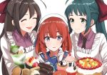  3girls blue_eyes blue_ribbon bob_cut braid brown_hair etorofu_(kantai_collection) food gloves green_hair hair_ribbon hat irako_(kantai_collection) kantai_collection kappougi long_hair mamiya_(kantai_collection) morinaga_(harumori) multiple_girls neckerchief necktie ponytail redhead ribbon sidelocks smile 