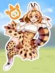  1girl animal_ears armpits bare_shoulders blonde_hair bow breasts commentary_request elbow_gloves eyebrows_visible_through_hair full_body gloves highres japari_symbol kemono_friends looking_at_viewer masami_chie medium_breasts open_mouth print_bow print_gloves print_legwear print_skirt serval_(kemono_friends) serval_ears short_hair simple_background skirt sleeveless smile solo tail thigh-highs yellow_eyes zettai_ryouiki 