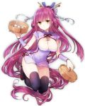  1girl absurdly_long_hair bamboo_steamer bangs baozi black_legwear blunt_bangs breasts brown_eyes china_dress chinese_clothes cleavage_cutout covered_navel dress food hair_ornament hair_stick large_breasts legs_up long_hair one_side_up original purple_hair sandals shirako_miso simple_background solo swept_bangs thigh-highs very_long_hair wristband 
