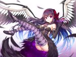  1girl akemi_homura akuma_homura argyle argyle_legwear bare_shoulders breasts cleavage drogoth elbow_gloves feathers gloves long_hair looking_at_viewer mahou_shoujo_madoka_magica mahou_shoujo_madoka_magica_movie medium_breasts panties purple_hair red_eyes red_ribbon ribbon solo thigh-highs toe-point underwear white_background white_panties wings 