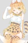  1girl :p ;3 ;p animal_ears blonde_hair blush breasts elbow_gloves gloves grey_background hand_up high-waist_skirt highres kamioka_shun&#039;ya kemono_friends looking_at_viewer medium_breasts one_eye_closed serval_(kemono_friends) serval_print short_hair simple_background sitting skirt solo tail thigh-highs tongue tongue_out wariza white_gloves yellow_eyes 