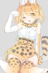  1girl :p ;3 ;p animal_ears blonde_hair blush breasts elbow_gloves gloves grey_background hand_up high-waist_skirt highres kamioka_shun&#039;ya kemono_friends looking_at_viewer medium_breasts one_eye_closed serval_(kemono_friends) serval_print short_hair simple_background sitting skirt solo tail thigh-highs tongue tongue_out wariza white_gloves yellow_eyes 