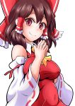  1girl ascot belly blush bow breasts brown_hair covered_navel detached_sleeves erect_nipples hair_bow hair_tubes hakurei_reimu highres large_bow looking_at_viewer medium_breasts medium_hair nioti plump red_eyes skirt skirt_set smile solo steepled_fingers touhou vest 