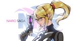  1girl athenawyrm black_bodysuit blonde_hair blue_eyes blush bodysuit female glasses gun highres holding holding_gun holding_weapon long_hair looking_at_viewer looking_to_the_side metroid mole mole_under_mouth neck nintendo parted_lips ponytail samus_aran serious shiny shiny_clothes shiny_hair skin_tight solo super_smash_bros. turtleneck upper_body weapon zero_suit 