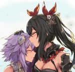  2girls armor bare_shoulders black_gloves black_hair blush breasts choujigen_game_neptune cleavage closed_eyes closed_mouth female forehead_kiss four_goddesses_online:_cyber_dimension_neptune friends gloves hair_between_eyes hair_ornament hair_ribbon hairpods hand_on_another&#039;s_head head_grab kiss lavender_hair long_hair medium_breasts multiple_girls mutual_yuri neptune_(choujigen_game_neptune) neptune_(series) noire purple_hair red_ribbon ribbon short_hair sleeveless smile twintails upper_body white_crow yuri 
