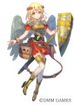  armor azutarou blonde_hair castel_sant&#039;angelo_(oshiro_project) copyright flower hair_flower hair_ornament official_art oshiro_project oshiro_project_re shield skirt sword weapon white_background wings 