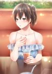  1girl 2017 :o alternate_costume arm bare_arms bare_shoulders blue_dress blush breasts brown_eyes brown_hair casual chestnut_mouth collarbone commentary_request contemporary detached_sleeves dress drink earrings female floral_print glass hair_between_eyes highres jewelry kaga_(kantai_collection) kantai_collection large_breasts looking_away looking_to_the_side nail_polish neck necklace off-shoulder_dress off_shoulder open_mouth parted_lips pendant pov_across_table reflection sakiryo_kanna shiny shiny_hair short_ponytail shy side_ponytail sitting solo straw table twitter_username upper_body 