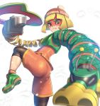 1girl arms_(game) bangs beanie bike_shorts blonde_hair chinese_clothes dragon_(arms) facepaint food gonzarez green_eyes hat highres leggings legwear_under_shorts looking_at_viewer mask min_min_(arms) noodles short_hair shorts solo 