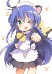  1girl :3 ahoge animal_ears blue_hair cat_ears cat_tail clenched_hand commentary green_eyes izumi_konata long_hair lucky_star maid mole mole_under_eye one_eye_closed punching punching_at_viewer solo tail tatsunokosso white_background 