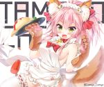  1girl animal_ears apron bell bell_collar blush breasts character_name cleavage collar fang fate/grand_order fate_(series) food fox_ears fox_tail hair_ribbon highres komiya_hitoma large_breasts long_hair looking_at_viewer maid_headdress naked_apron open_mouth paws pink_hair ribbon ribbon-trimmed_legwear ribbon_trim sideboob solo tail tamamo_(fate)_(all) tamamo_cat_(fate) white_legwear yellow_eyes 