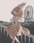  1girl amusement_park animal_ears bare_shoulders belt between_legs boku_no_friend boots bow bowtie brown_ribbon cross-laced_clothes dot_nose elbow_gloves eyebrows_visible_through_hair fence ferris_wheel from_side gloves ground hair_between_eyes hand_between_legs kawanobe kemono_friends light_brown_eyes lonely looking_away looking_up monochrome_background muted_color orange_hair outdoors ribbon roller_coaster sad serval_(kemono_friends) serval_ears serval_print serval_tail shirt shoe_ribbon short_hair sitting sitting_on_fence skirt sleeveless sleeveless_shirt solo spot_color striped_tail tail thigh-highs tree white_boots white_footwear white_shirt 