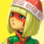  1girl 2017 arms_(game) bangs beanie blonde_hair blunt_bangs bob_cut chinese_clothes closed_mouth domino_mask food gradient gradient_background green_eyes hat highres jyunhh knit_hat lips looking_away looking_to_the_side mask min_min_(arms) noodles nose portrait red_hat ringed_eyes short_hair signature solo turtleneck upper_body yellow_background 