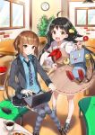 2girls :d ahoge akino_teku bangs black_hair black_skirt blazer blue_legwear blue_shirt blunt_bangs blush brown_dress brown_hair brown_shoes cafe chair checkerboard_cookie coffee collared_shirt computer conoha cookie cup dress dress_shirt eyebrows_visible_through_hair food indoors jacket knees_together_feet_apart laptop loafers long_hair long_sleeves looking_at_viewer low_twintails mikumo_konoha mug multiple_girls neckerchief necktie official_art open_blazer open_clothes open_jacket open_mouth parted_lips pasona_tech plaid plaid_necktie red_neckerchief sailor_collar sailor_dress shirako_miso shirt shoes sitting skirt smile sneakers socks striped striped_legwear twintails very_long_hair white_legwear 