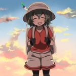  1girl ^_^ backpack bag black_gloves black_hair black_legwear blue_sky blush_stickers bucket_hat closed_eyes clouds cloudy_sky collarbone commentary evening eyebrows_visible_through_hair facing_viewer gloves gradient_sky hair_between_eyes hat hat_feather kaban_(kemono_friends) kawanobe kemono_friends multicolored multicolored_sky no_nose open_mouth orange_sky outdoors pantyhose red_shirt shirt short_hair short_sleeves shorts sky smile solo wavy_hair white_hat white_shorts |d 