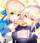  2girls ahoge artoria_pendragon_(all) blonde_hair blue_ribbon breasts cellophane_(02) cleavage collarbone eating eyebrows_visible_through_hair fate/grand_order fate/stay_night fate_(series) green_eyes hair_ribbon highres medium_breasts multiple_girls ribbon saber saber_alter shiny shiny_skin short_hair_with_long_locks sidelocks silver_hair sparkle upper_body yellow_eyes 
