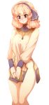  1girl barbariank blonde_hair brown_eyes covering covering_crotch embarrassed eyebrows_visible_through_hair fire_emblem fire_emblem_echoes:_mou_hitori_no_eiyuuou hairband highres jenny_(fire_emblem) jewelry long_sleeves looking_away no_panties no_pants pendant short_hair side_slit simple_background solo thighs tunic wavy_mouth white_background 