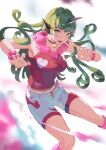  1girl :d absurdres adapted_costume animal_ears bare_shoulders bell breasts claw_pose collar dog_ears eyebrows_behind_hair fangs feet_out_of_frame floating_hair green_eyes green_hair highres horns jingle_bell komano_aunn long_hair looking_at_viewer medium_breasts midriff neck_bell open_mouth red_shirt shirt shorts simple_background single_horn sleeveless sleeveless_shirt smile solo teasmacker touhou very_long_hair white_background white_shorts 