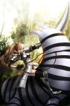  1girl animal_ears armor armored_boots armored_dress black_gloves blonde_hair boots ccd forest gloves grey_eyes highres holding holding_weapon kemono_friends knight lance long_hair metal_boots nature plains_zebra_(kemono_friends) polearm reins riding savanna_striped_giant_slug_(kemono_friends) solo weapon white_rhinoceros_(kemono_friends) 
