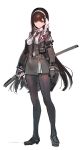  1girl black_hair black_legwear closed_mouth full_body holding holding_sword holding_weapon katana kishiyo long_hair looking_at_viewer pantyhose pixiv_fantasia pixiv_fantasia_t red_eyes revision simple_background smile solo sword weapon white_background 