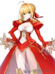  1girl ahoge bangs blush braid breasts copyright_name corset dress epaulettes eyebrows_visible_through_hair fate/extra fate/grand_order fate_(series) french_braid hair_intakes hair_ribbon juliet_sleeves leotard light_smile long_sleeves looking_at_viewer medium_breasts puffy_sleeves red_dress red_ribbon ribbon saber_extra see-through shirako_miso sidelocks simple_background solo standing thighs watermark white_background white_leotard 