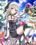  1girl bangs bell black_dress blush braid breasts c: christmas christmas_tree cleavage closed_mouth detached_sleeves dress eyebrows_visible_through_hair gloves green_eyes green_ribbon grey_hair hair_ornament holding kneehighs long_hair looking_at_viewer medium_breasts official_art outdoors purple_gloves ragnastrike_angels ribbon shirako_miso short_dress side_braid silver_hair single_braid sitting smile solo striped striped_ribbon thigh-highs thighs very_long_hair watermark white_legwear x_hair_ornament 