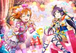  10s 2girls :p artist_request bangs blush bow checkered copyright_name crown curtains detached_sleeves epaulettes fingerless_gloves flower frills gloves hair_bow hairband hat holding kousaka_honoka long_hair looking_at_viewer love_live! love_live!_school_idol_festival love_live!_school_idol_project microphone mini_hat mismatched_legwear multiple_girls official_art one_eye_closed one_side_up orange_hair purple_hair short_hair short_sleeves sitting smile striped striped_legwear suspenders thigh-highs tongue tongue_out toujou_nozomi zettai_ryouiki 