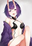  1girl bare_shoulders blush bokokichi_(you) breasts commentary_request fangs fate/grand_order fate_(series) horns japanese_clothes kimono knees_up looking_at_viewer off_shoulder oni oni_horns open_clothes open_kimono open_mouth purple_hair purple_kimono revealing_clothes short_hair shuten_douji_(fate/grand_order) simple_background sitting small_breasts solo tsurime violet_eyes 