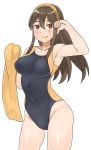  1girl arm_up armpits brown_eyes brown_hair competition_swimsuit covered_navel hairband haruna_(kantai_collection) impossible_clothes kantai_collection long_hair looking_at_viewer mo-fu one-piece_swimsuit smile solo swimsuit towel 