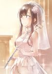  1girl bangs bare_shoulders blush breasts bridal_veil bride brown_eyes brown_hair commentary_request cowboy_shot dress elbow_gloves eyebrows_visible_through_hair flower flute from_side gloves hair_flower hair_ornament happy_tears highres holding_instrument idolmaster idolmaster_cinderella_girls idolmaster_cinderella_girls_starlight_stage instrument long_hair looking_away medium_breasts mizumoto_yukari sash sidelocks smile solo sparkle standing strapless strapless_dress tearing_up tears veil wedding_dress white_dress white_gloves yomio 