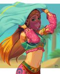  1girl alternate_costume blonde_hair blue_eyes blush breasts cosplay detached_sleeves earrings gerudo_link green_eyes hair_ornament jewelry long_hair looking_at_viewer midriff navel pointy_ears princess_zelda see-through solo stomach the_legend_of_zelda the_legend_of_zelda:_breath_of_the_wild veil 