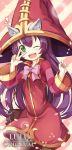  1girl ;d bag blush bow bowtie character_name dress green_eyes hat heart league_of_legends long_hair long_sleeves looking_at_viewer lulu_(league_of_legends) one_eye_closed open_mouth pantyhose pink_bow purple_hair smile solo sora_(dkssud6580) striped striped_background v wizard_hat yordle 