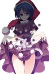  1girl black_dress blue_eyes blue_hair doremy_sweet dress dress_lift fur_collar hat lifted_by_self looking_at_viewer nightcap pom_pom_(clothes) sakurame short_hair short_sleeves simple_background solo standing tail tapir_tail thigh_gap touhou white_background 