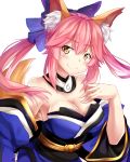  1girl animal_ears blush breasts chrisandita cleavage detached_sleeves fate/extra fate/extra_ccc fate/grand_order fate_(series) fox_ears fox_tail hair_ribbon hand_on_own_chest highres japanese_clothes large_breasts light_smile pink_hair ribbon simple_background solo tail tamamo_(fate)_(all) tamamo_no_mae_(fate) white_background yellow_eyes 