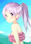  1girl :o alternate_hairstyle bangs bikini blush breasts day eyebrows_visible_through_hair frilled_bikini frills from_side highres kamioka_shun&#039;ya long_hair looking_at_viewer outdoors parted_lips ponytail purple_hair small_breasts solo swimsuit upper_body vocaloid voiceroid yuzuki_yukari 