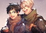  2017 2boys black_hair brown_eyes brown_scarf closed_eyes coffee_cup food glasses gloves green_scarf grey_hair happy_new_year jacket katsuki_yuuri laughing male_focus mittens multiple_boys new_year open_clothes open_jacket open_mouth pan_(pandora_requiem) scarf semi-rimless_glasses smile snow sparkling_eyes viktor_nikiforov yuri!!!_on_ice 